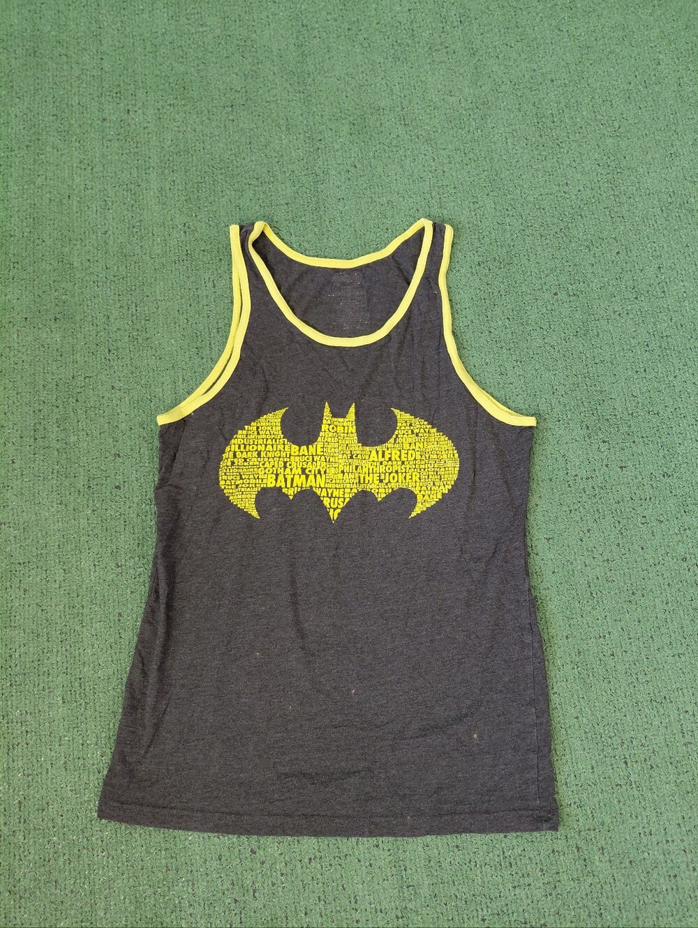 DC Comics Batman Character Names Logo Charcoal Gray Tank Top Sz Small